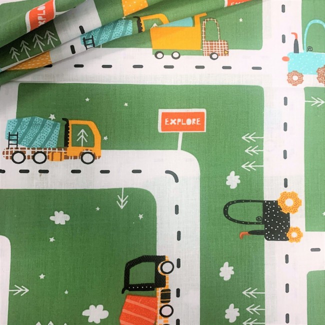 Бавовняна тканина - автомобілі та дороги на зеленому