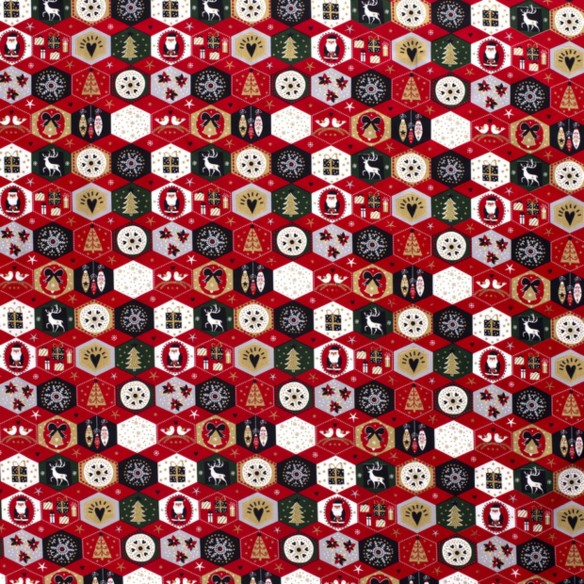 Bawełna świąteczna PREMIUM - Patchwork adwentowy heksagon czerwień