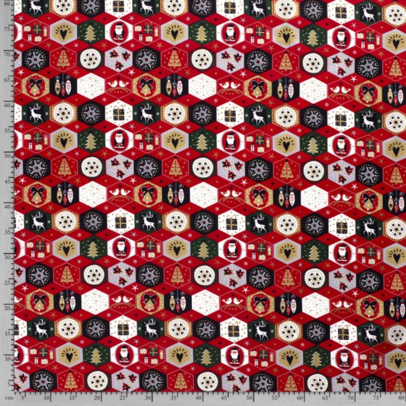 Bawełna świąteczna PREMIUM - Patchwork adwentowy heksagon czerwień