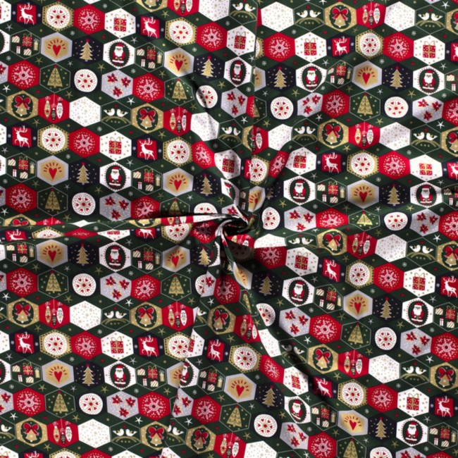 Bawełna świąteczna PREMIUM - Patchwork adwentowy heksagon zieleń