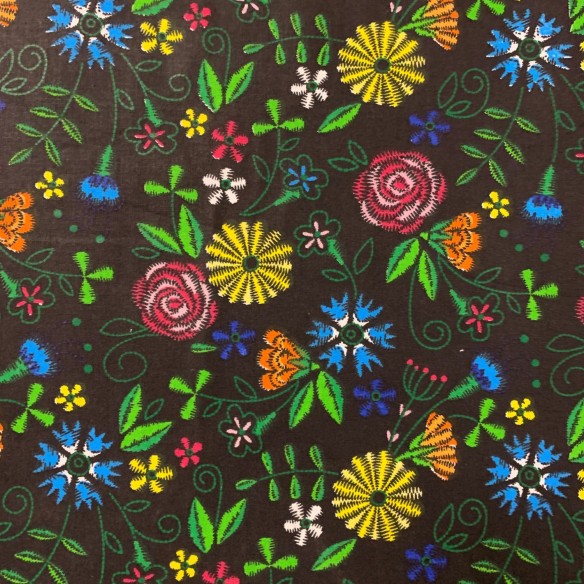 Бавовняна тканина - Народні квіти на чорному