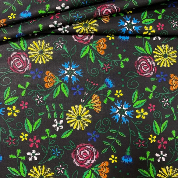 Бавовняна тканина - Народні квіти на чорному