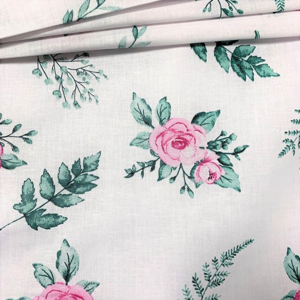 Бавовняна тканина - троянди і папороті на білому