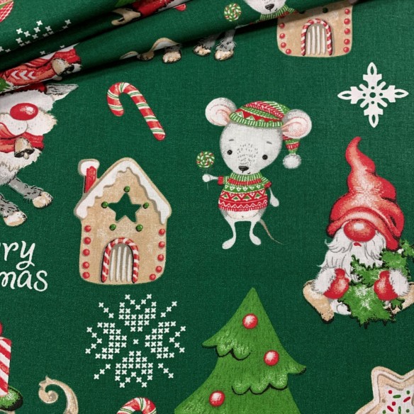 Tkanina bawełniana - Świąteczna lukrowany domek zielony