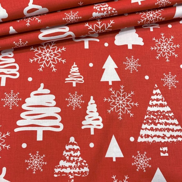 Tkanina bawełniana - Świąteczna choinki białe na czerwonym