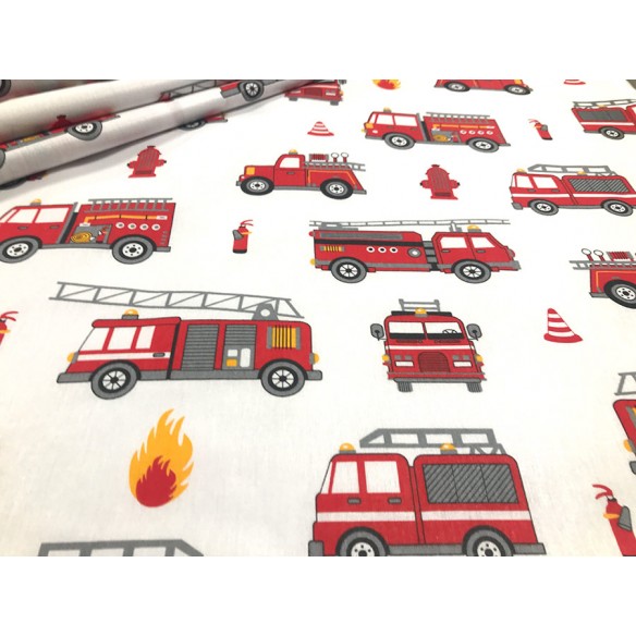Бавовняна тканина - пожежні автомобілі на білому
