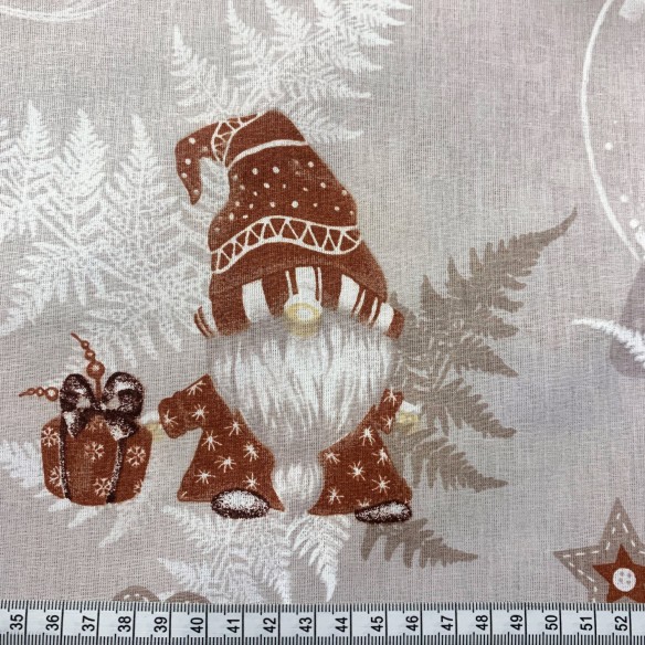 Tkanina bawełniana - Świąteczna skrzaty łyżwy i kula beż