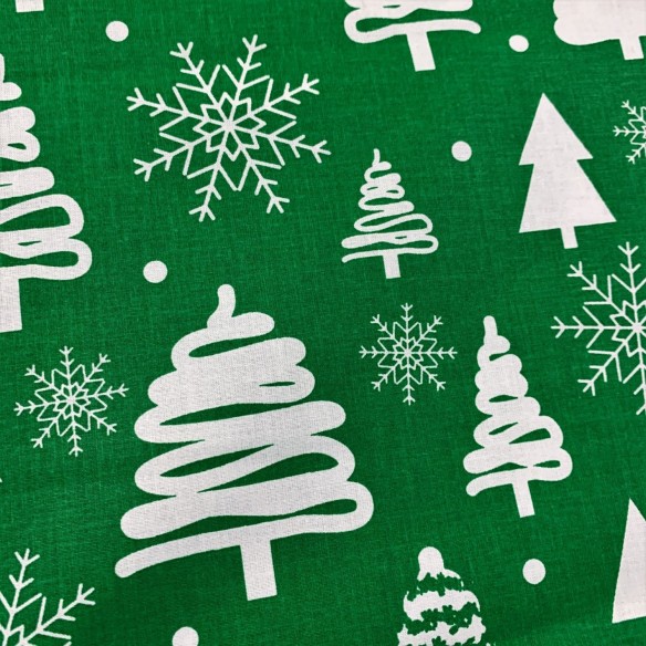 Tkanina bawełniana - Świąteczna choinki białe na zielonym