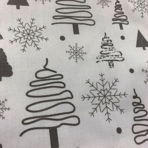 Tkanina bawełniana - Świąteczna szare choinki na białym