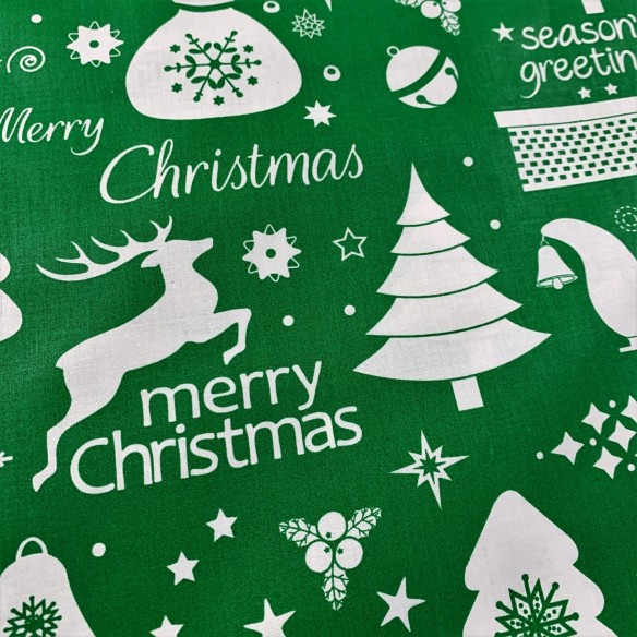 Tkanina bawełniana - Świąteczny Renifer dzwonek i życzenia zielone