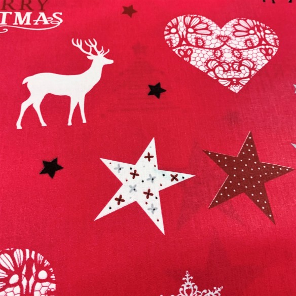 Бавовняна тканина - різдвяні оленячі серця і червоні зірочки