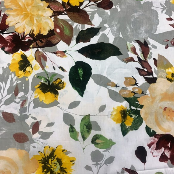 Tkanina bawełniana - Kwiaty żółte bordowe i zielone