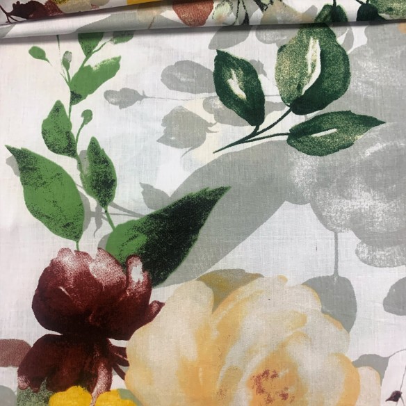 Tkanina bawełniana - Kwiaty żółte bordowe i zielone