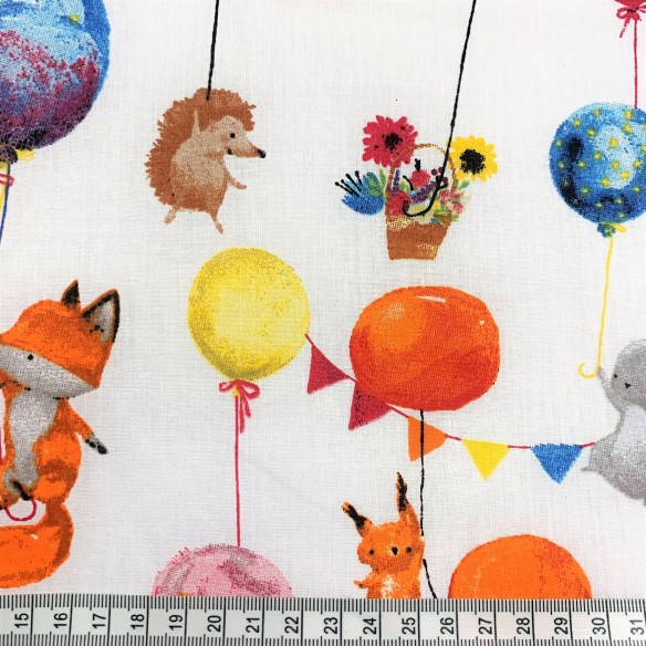 Бавовняна тканина - Лисиці, їжачки, квіти та повітряні кульки
