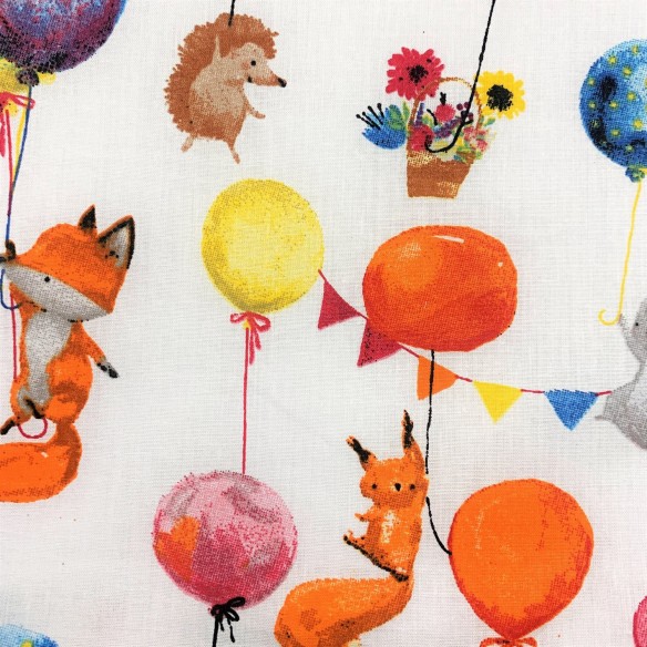 Бавовняна тканина - Лисиці, їжачки, квіти та повітряні кульки