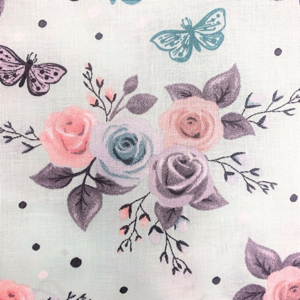 Tkanina Bawełniana - Róże kolorowe i motyle na miętowym