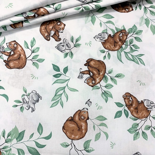 Бавовняна тканина - Ведмедик, зайчик і листя