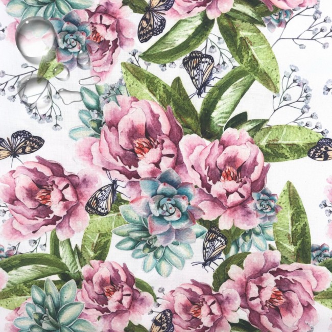 Водостійка тканина - Оксфорд Рожеві метелики на квітах