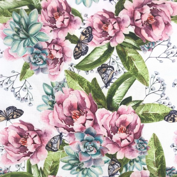 Водостійка тканина - Оксфорд Рожеві метелики на квітах
