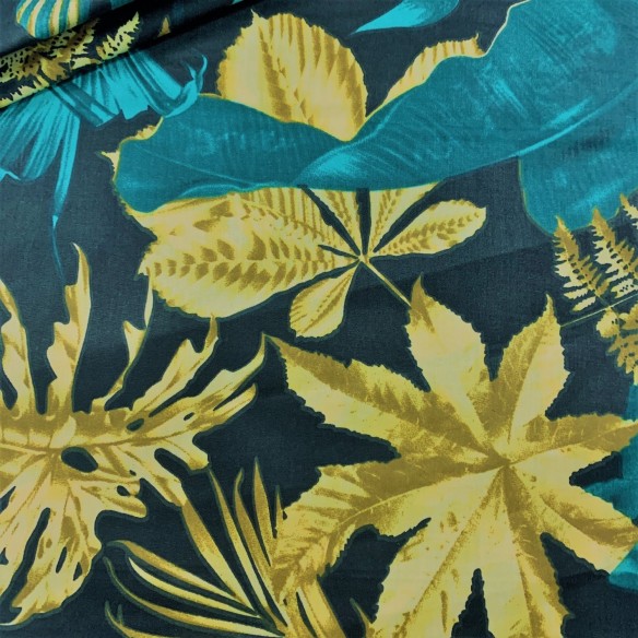Tkanina bawełniana - Duże liście złoto zielone