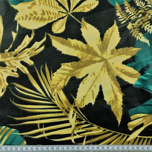 Tkanina bawełniana - Duże liście złoto zielone