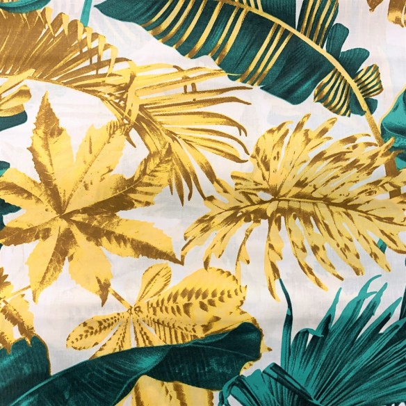 Бавовняна тканина - великі золотисто-зелені листя на білому