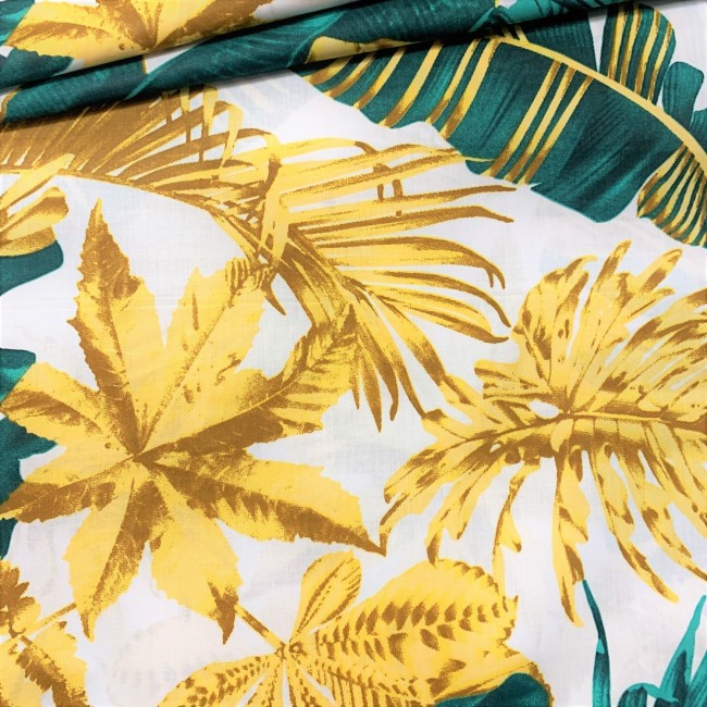 Бавовняна тканина - великі золотисто-зелені листя на білому