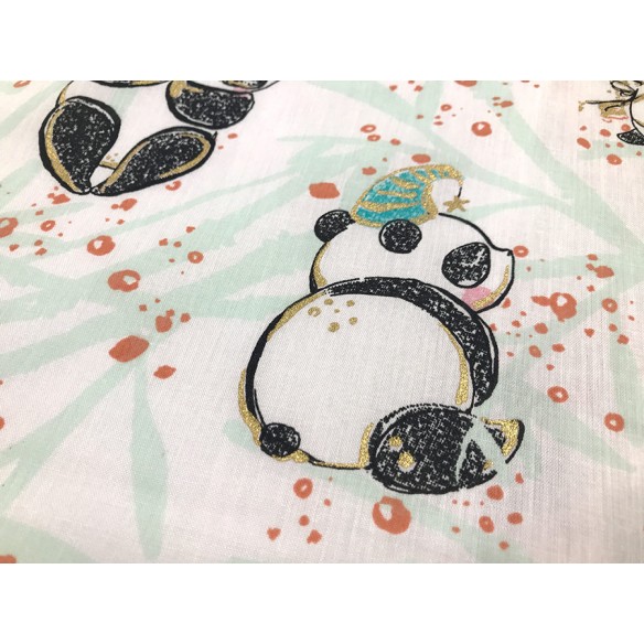 Бавовняна тканина - панди з золотом на білому