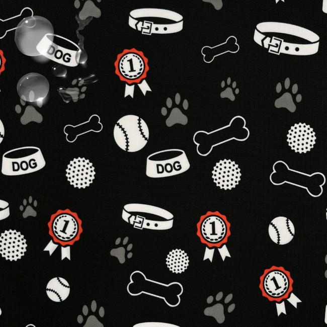 Водонепроникна тканина Оксфорд - Лапа собаки, миска та медаль чорного кольору