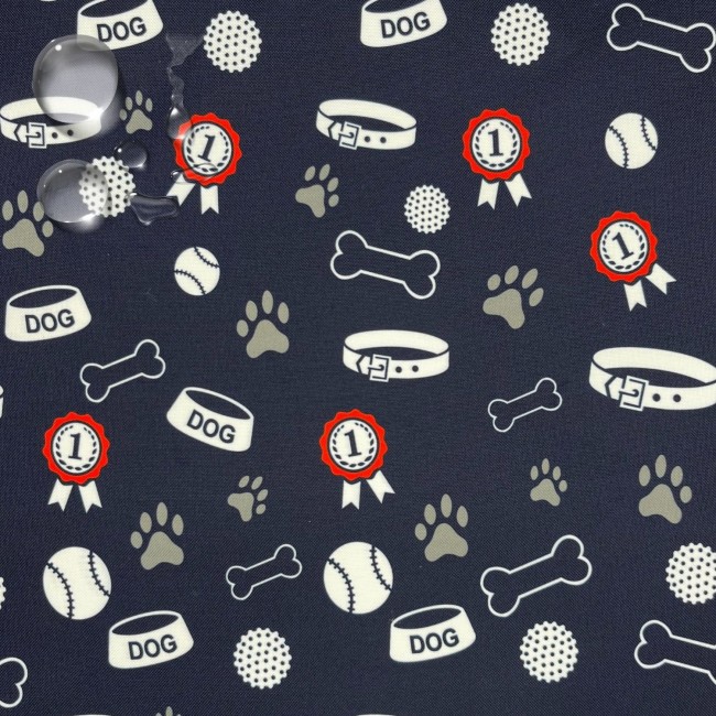 Водонепроникна тканина Оксфорд - лапа собаки, миска та медаль темно-синього