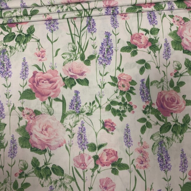 Бавовняна тканина - троянди та лаванда на екрю
