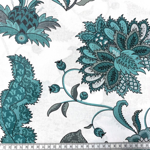 Tkanina bawełniana - Wzór orientalny szmaragd i biel