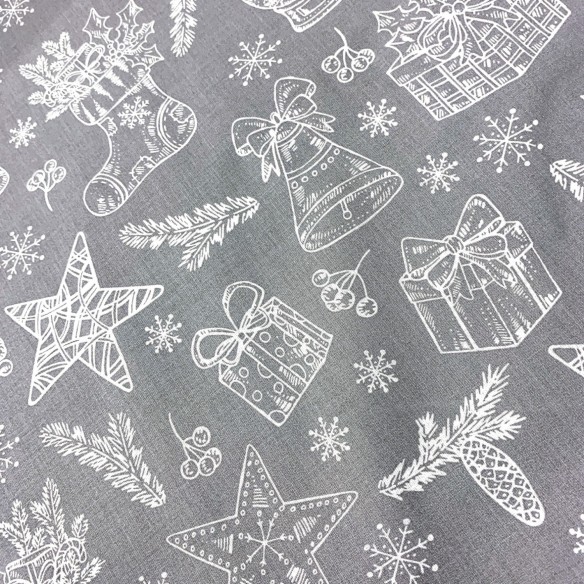 Tkanina bawełniana - Świąteczna prezenty białe na szarym