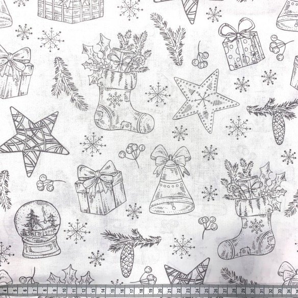 Бавовняна тканина - різдвяні подарунки сірим на білому