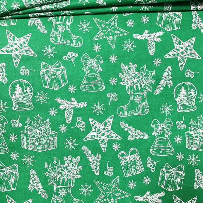 Tkanina bawełniana - Świąteczna prezenty białe na zielonym