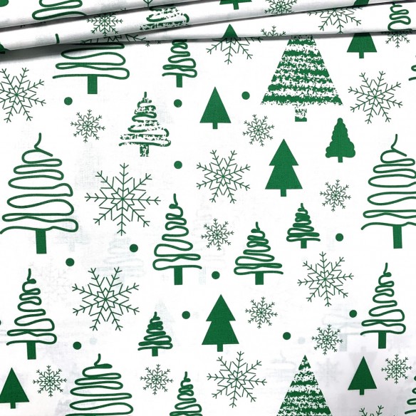 Tkanina bawełniana - Świąteczna choinki białe na zielonym