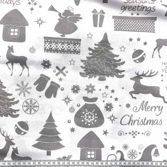 Tkanina bawełniana - Świąteczne życzenia szare na białym