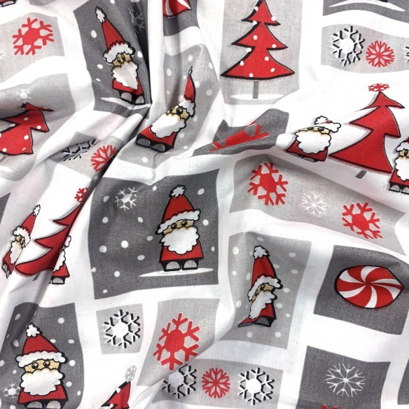 Tkanina bawełniana - Patchwork świąteczny mikołaje i choinki czerwień
