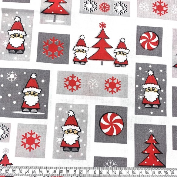 Tkanina bawełniana - Patchwork świąteczny mikołaje i choinki czerwień