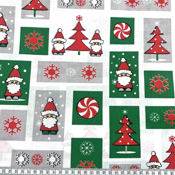 Бавовняна тканина - різдвяний печворк, Санта Клаус червоний і зелений