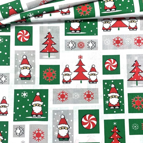 Tkanina bawełniana - Patchwork świąteczny mikołaje i choinki kolorowe