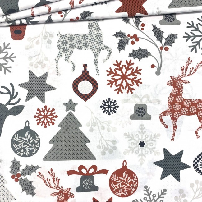 Бавовняна тканина - новорічні сніжинки та олені, біла