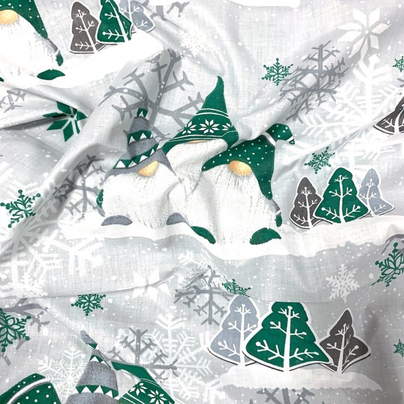 Tkanina bawełniana - Świąteczna zielone skrzaty i śnieżynki na szarym