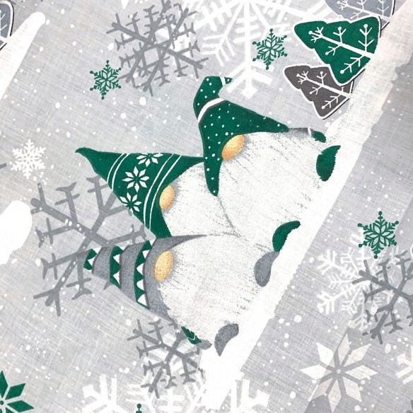 Tkanina bawełniana - Świąteczna zielone skrzaty i śnieżynki na szarym
