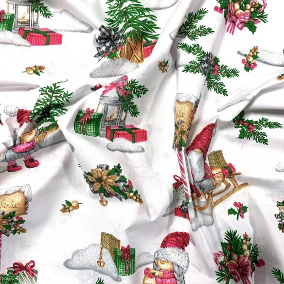 Бавовняна тканина - новорічні гноми, білий