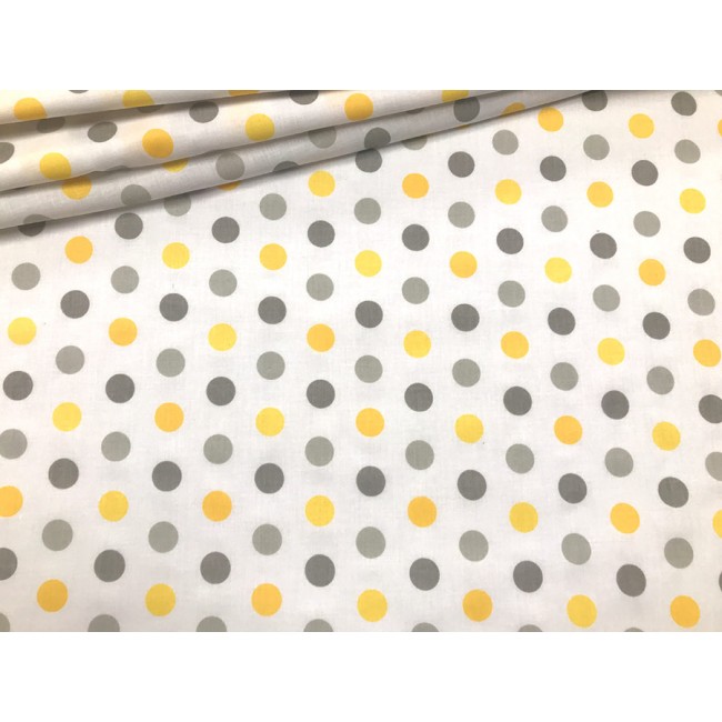 Tkanina bawełniana - Grochy żółto szare 2 cm