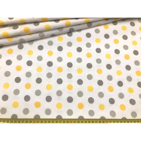Tkanina bawełniana - Grochy żółto szare 2 cm