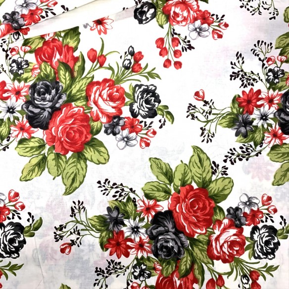 Tkanina Bawełniana 220 cm - Róże czerwono czarne na bieli