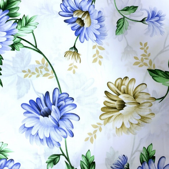 Тканина бавовна 220 см - Квіти блакитного та екрю