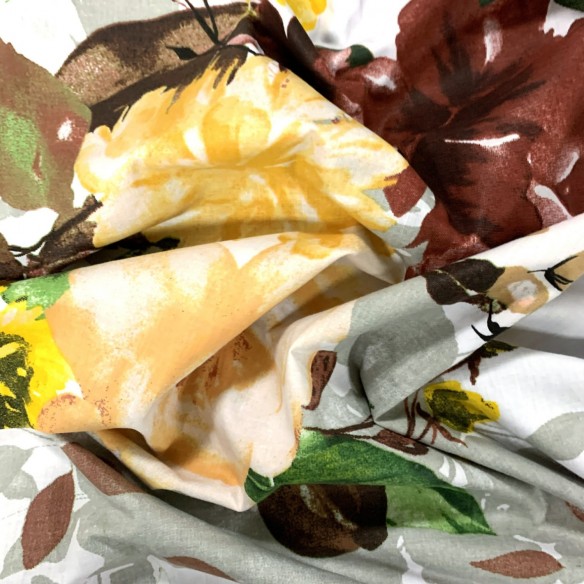 Tkanina Bawełniana 220 cm - Kwiaty bordowe i żółte